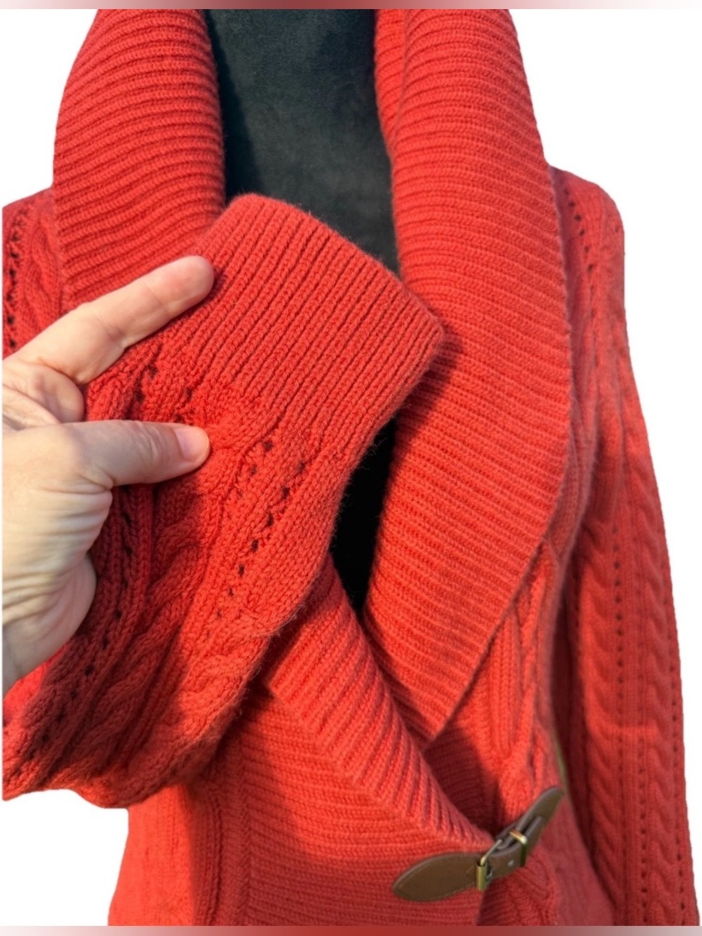 Talbots Rustic Orange Cable Knit Cardigan Buckle Shawl Collar Small - Picture 5 of 14